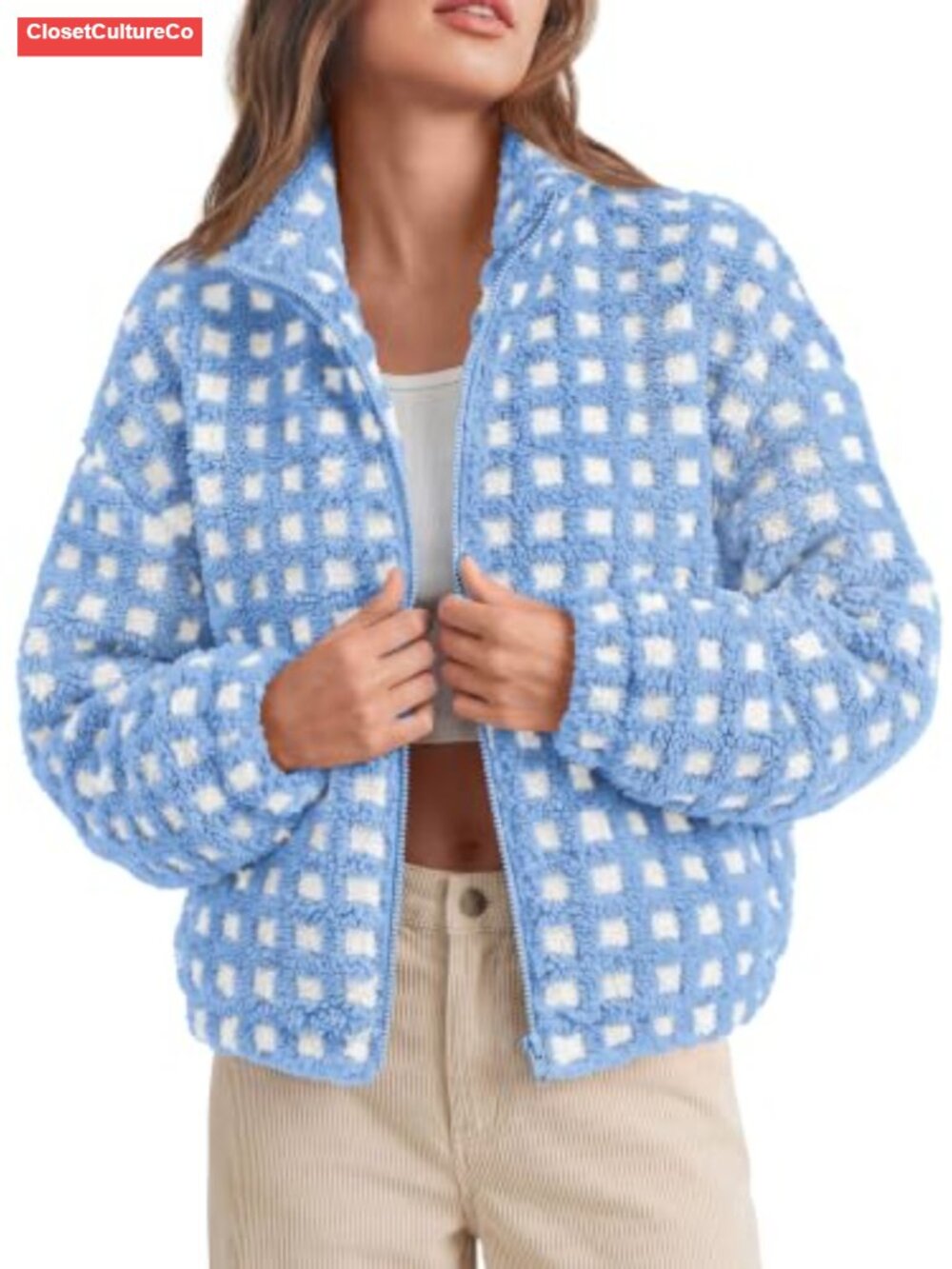 Plaid Sherpa Fleece Cropped Teddy Coat Zip Jacket